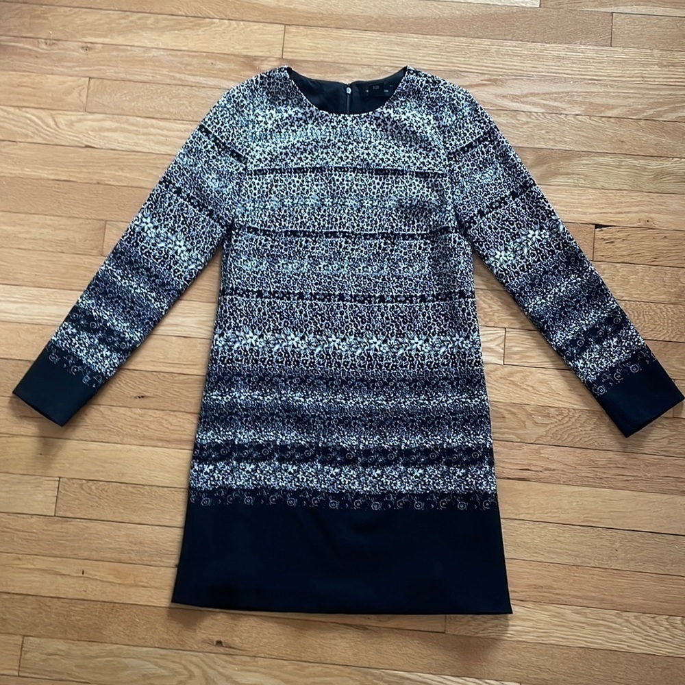 𝅺club MONACO Long Sleeve Dress Round Neck Black/White Floral Print - 00/XXS - Picture 3 of 8